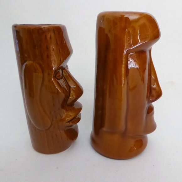 NEW VINTAGE EASTER ISLAND MAORI MOAI TOTEM BROWN CERAMIC TIKI MUG SHOT LOT OF 6 - Picture 2 of 13